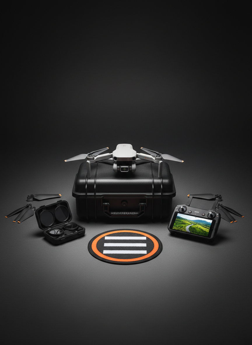 A DJI Mini 4 Pro drone positioned on a smooth black equipment case, surrounded by neatly arranged professional drone accessories: spare propellers, ND filters, folded landing pad, and a compact remote controller with a bright screen showing a live aerial preview. The setup sits in a clean, modern studio environment with a dark gray backdrop. Focused, directional softbox lighting from the left creates crisp highlights on the drone’s arms and camera gimbal, with subtle reflections on metallic details. The composition is centered and symmetrical, with a shallow depth of field that keeps the drone tack sharp and the background elegantly blurred, communicating precision, reliability, and premium service quality.