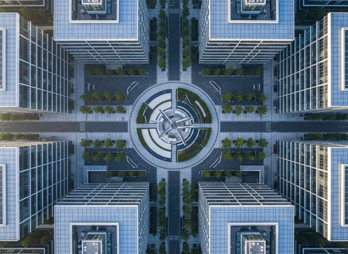 A dynamic overhead drone shot of a modern corporate campus, captured in sharp photographic realism from high altitude. Glass-fronted office buildings with reflective facades form a clean geometric grid, intersected by tree-lined walkways, minimalist plazas, and a central courtyard with sculptural landscaping. Early morning light creates crisp, cool-toned reflections on the glass and distinct shadows that emphasize the architecture’s lines. The composition is a precise bird’s-eye view, showcasing symmetry, order, and scale, ideal for corporate presentations, promotional videos, and event coverage. The atmosphere is professional and forward-looking, suggesting innovation, organization, and high-end aerial production for business clients.