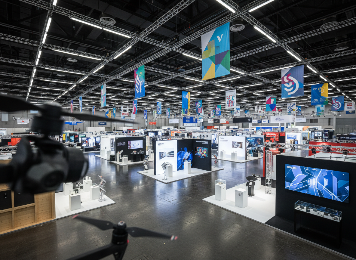 A cinematic low-altitude drone shot of a bustling trade show hall, captured in realistic photographic style but without visible people. Rows of illuminated exhibition booths, large hanging banners, and glossy product displays create a vibrant maze of color and texture. The drone appears in the foreground, slightly out of focus, with its camera tilted downward toward the scene below. Overhead LED lighting casts a bright, even illumination, with subtle reflections on polished floors and metal structures. The composition uses a diagonal leading line through the rows of booths, conveying motion and energy. The mood is dynamic and professional, ideal for showcasing event reportage and promotional coverage by drone.