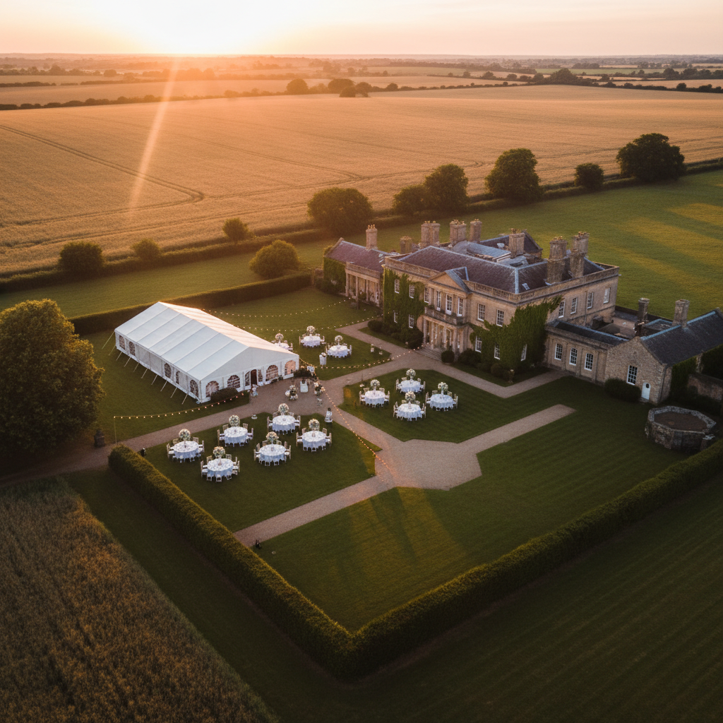 An expansive aerial view of a countryside wedding venue at sunset, captured in photographic realism as if by a DJI Mini 4 Pro. A charming stone manor, geometric garden paths, and a large white marquee tent form a harmonious layout surrounded by manicured lawns and gentle rolling fields. Soft golden hour light bathes the scene, creating long, romantic shadows and a warm, inviting haze near the horizon. The framing follows the rule of thirds, with the venue centered and fields stretching outward, giving a sense of scale and exclusivity. No people are visible; instead, decor elements, tables, and floral arrangements hint at celebration, emphasizing elegant drone coverage for private events.